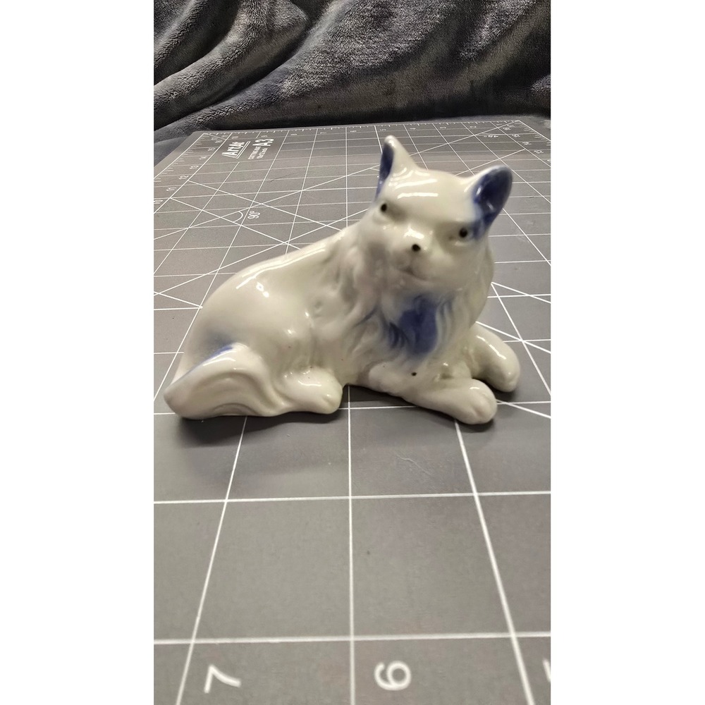 Vintage Porcelain Cat Figurine White Cobalt Blue Hand Painted Reclining Longhair